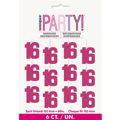 Glitz Pink "16" Hanging Decorations (Pack of 6) - The Party Marketplace