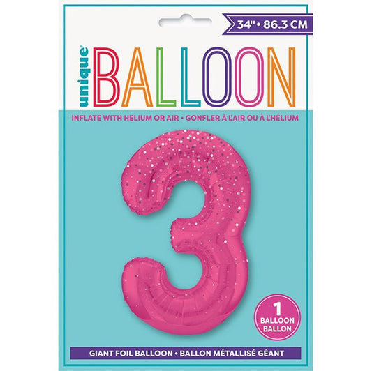Glitz Pink "3" Numeral Foil Balloon (86cm) - The Party Marketplace