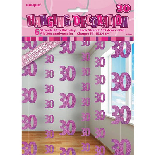 Glitz Pink "30" Hanging Decorations (Pack of 6) - The Party Marketplace