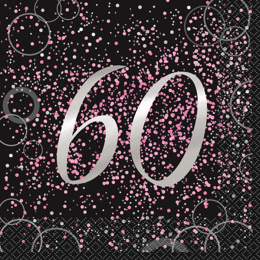 Glitz Pink "60" Foil Stamped Luncheon Napkins (Pack of 16) - The Party Marketplace