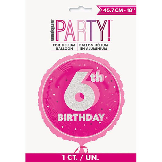 Glitz Pink "6th Birthday" Foil Balloon 45cm - The Party Marketplace