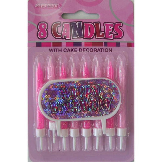Glitz Pink 8 Candles With "Happy Birthday" Decoration - The Party Marketplace