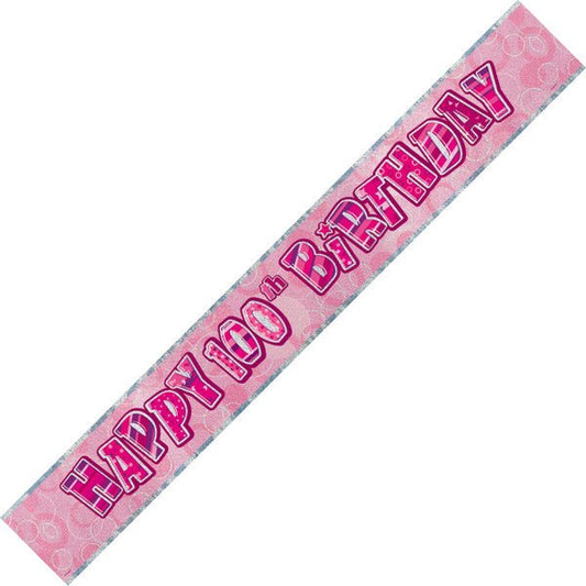 Glitz Pink "Happy 100th Birthday" Foil Banner - 3.65m - The Party Marketplace