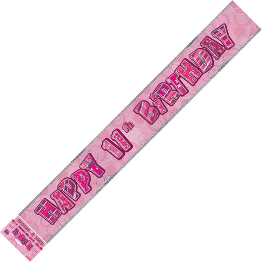 Glitz Pink "Happy 11th Birthday" Prismatic Foil Banner - 3.65m - The Party Marketplace