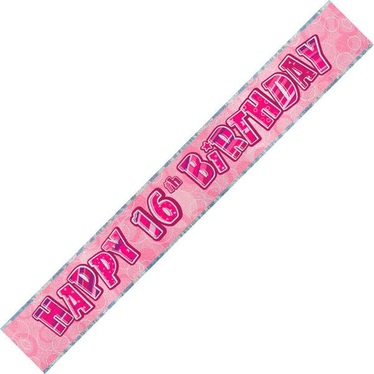 Glitz Pink "Happy 16th Birthday" Foil Banner - 3.65m - The Party Marketplace