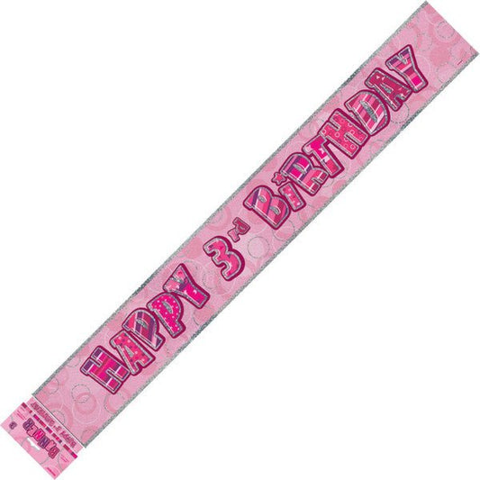 Glitz Pink "Happy 3rd Birthday" Prismatic Foil Banner - 3.65m - The Party Marketplace
