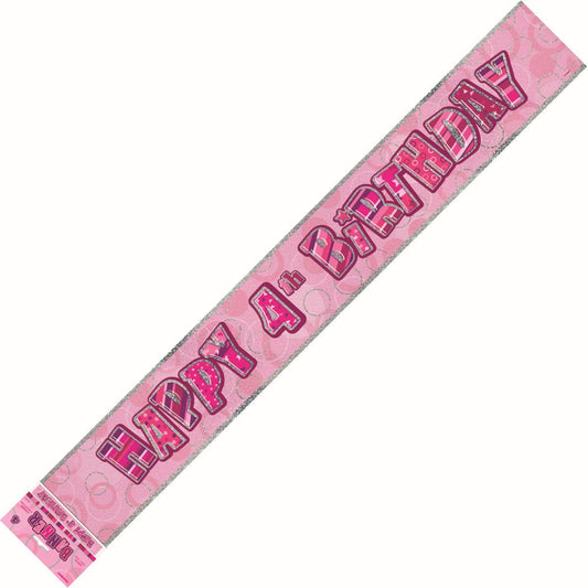 Glitz Pink "Happy 4th Birthday" Prismatic Foil Banner - 3.65m - The Party Marketplace