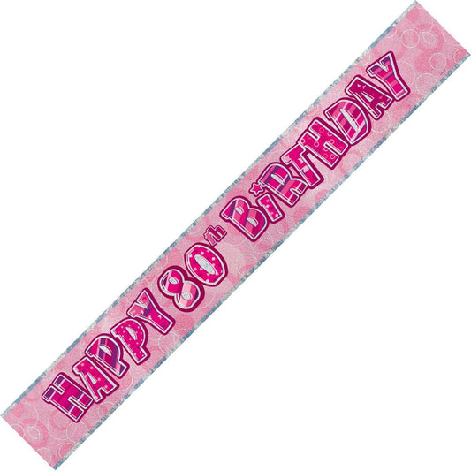Glitz Pink "Happy 80th Birthday" Foil Banner - 3.65m - The Party Marketplace