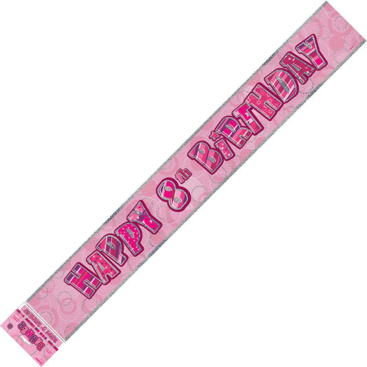Glitz Pink "Happy 8th Birthday" Prismatic Foil Banner - 3.65m - The Party Marketplace