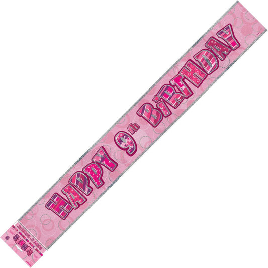 Glitz Pink "Happy 9th Birthday" Prismatic Foil Banner - 3.65m - The Party Marketplace