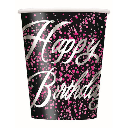 Glitz Pink "Happy Birthday" Foil Stamped Paper Cups 270ml (Pack of 8) - The Party Marketplace