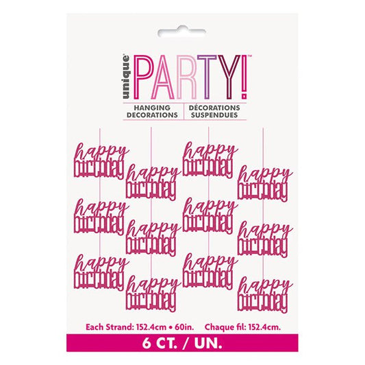 Glitz Pink "Happy Birthday" Hanging Decorations (Pack of 6) - The Party Marketplace