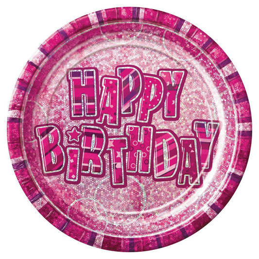 Glitz Pink "Happy Birthday" Paper Plates 23cm (Pack of 8) - The Party Marketplace