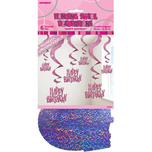 Glitz Pink "Happy Birthday" Prismatic Hanging Swirl Decorations (Pack of 6) - The Party Marketplace