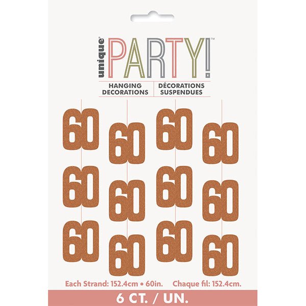 Glitz Rose Gold "60" Hanging Decorations (Pack of 6) - The Party Marketplace