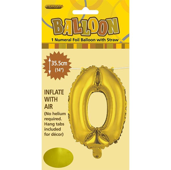 Gold "0" Numeral Foil Balloon (35cm) - The Party Marketplace
