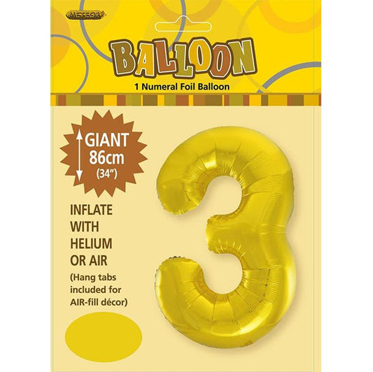 Gold "3" Numeral Foil Balloon (86cm) - The Party Marketplace