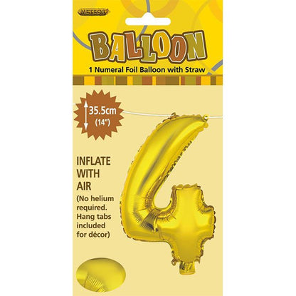 Gold "4" Numeral Foil Balloon (35cm) - The Party Marketplace