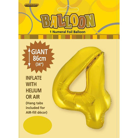 Gold "4" Numeral Foil Balloon (86cm) - The Party Marketplace
