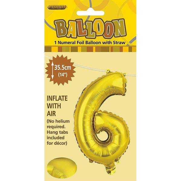 Gold "6" Numeral Foil Balloon (35cm) - The Party Marketplace