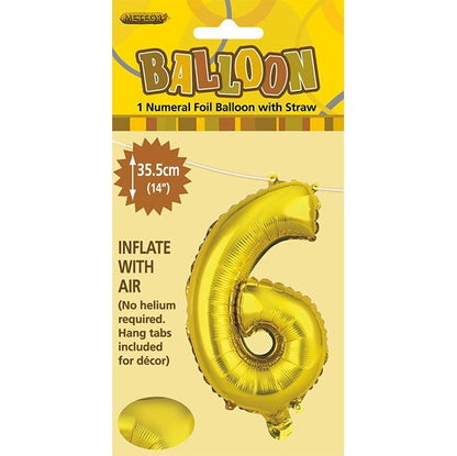Gold "6" Numeral Foil Balloon (35cm) - The Party Marketplace