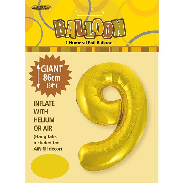 Gold "9" Numeral Foil Balloon (86cm) - The Party Marketplace