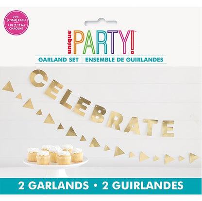 Gold "Celebrate" Paper Garland - 2 Piece Set (2.13m) - The Party Marketplace