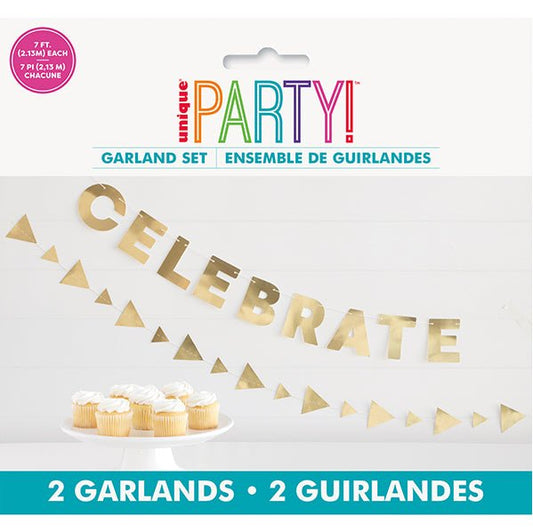Gold "Celebrate" Paper Garland - 2 Piece Set (2.13m) - The Party Marketplace