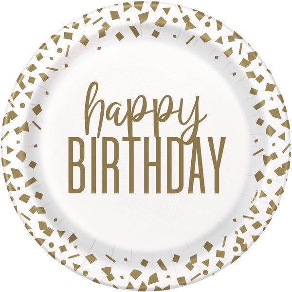 Gold Confetti "Happy Birthday" Paper Plates 18cm (Pack of 8) - The Party Marketplace