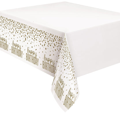 Gold Confetti "Happy Birthday" Printed Tablecover 137cm x 213cm - The Party Marketplace