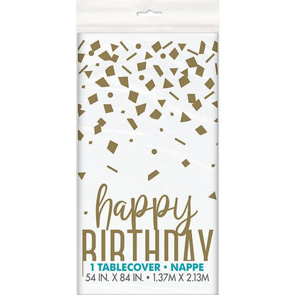 Gold Confetti "Happy Birthday" Printed Tablecover 137cm x 213cm - The Party Marketplace