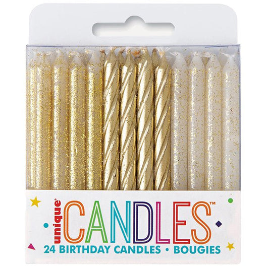 Gold & Gold Glitter Assorted Spiral Candles (Pack of 24) - The Party Marketplace