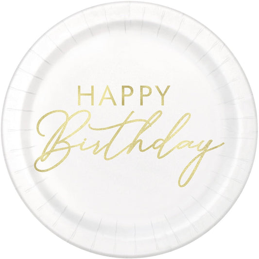 Gold "Happy Birthday" Foil Stamped Paper Plates 18cm (Pack of 8) - The Party Marketplace