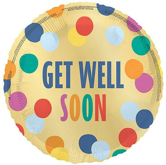 Gold With Coloured Spots "Get Well Soon" Foil Balloon 45cm - The Party Marketplace