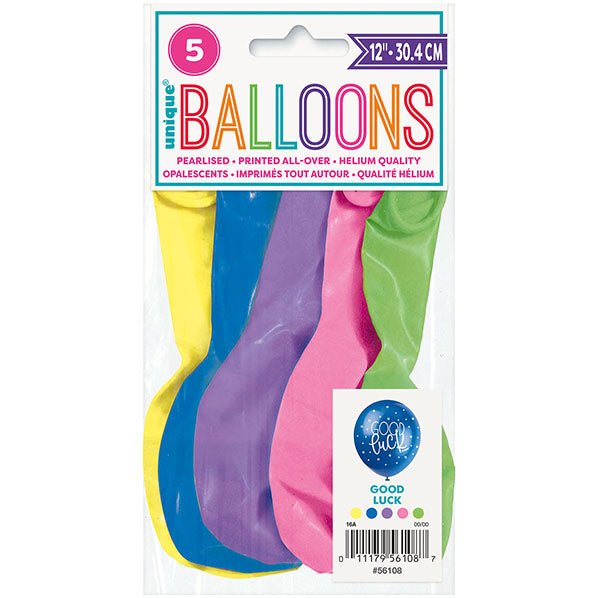 "Good Luck" Assorted Colour Pearl Balloons 30cm (Pack of 5) - The Party Marketplace