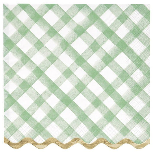 Green Gingham Plaid Gold Foil Stamped Scalloped Edge Luncheon Napkins (Pack of 16) - The Party Marketplace