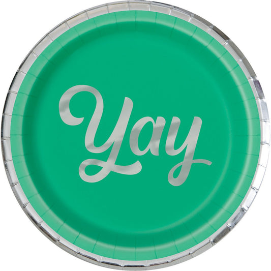 Green & Silver "Yay" Foil Stamped Paper Plates 18cm (Pack of 8) - The Party Marketplace