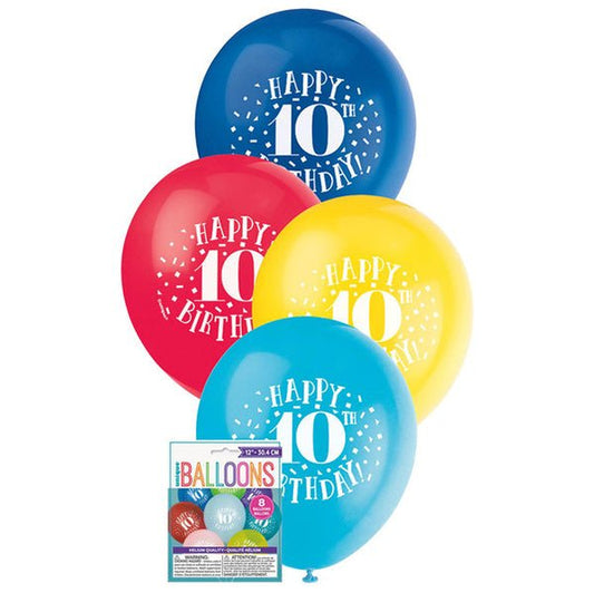 "Happy 10th Birthday" Assorted Colour Balloons 30cm (Pack of 8) - The Party Marketplace