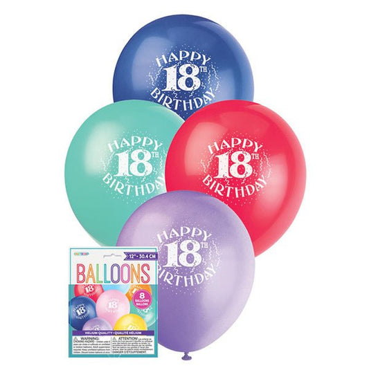 "Happy 18th Birthday" Assorted Colours Balloons 30cm (Pack of 8) - The Party Marketplace