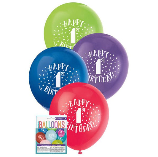 "Happy 1st Birthday" Assorted Colour Balloons 30cm (Pack of 8) - The Party Marketplace