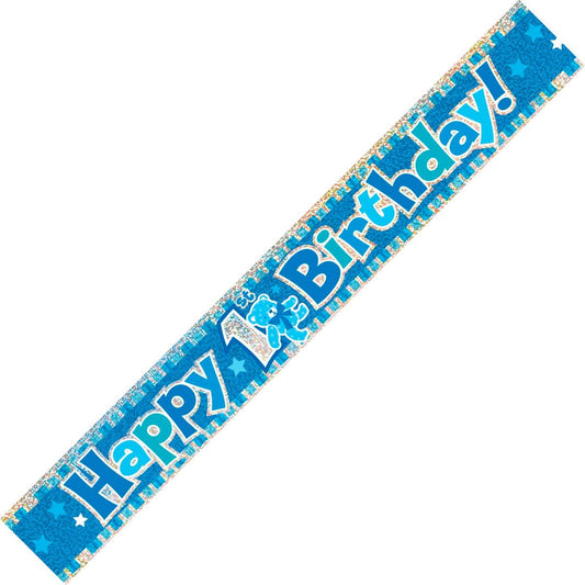 Happy 1st Birthday Prismatic Foil Banner - Blue (12ft) - The Party Marketplace