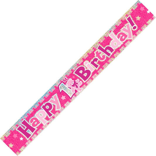 Happy 1st Birthday Prismatic Foil Banner - Pink (12ft) - The Party Marketplace
