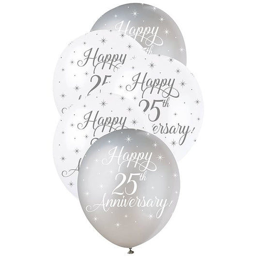 "Happy 25th Anniversary" Silver & White Pearl Balloons 30cm (Pack of 5) - The Party Marketplace