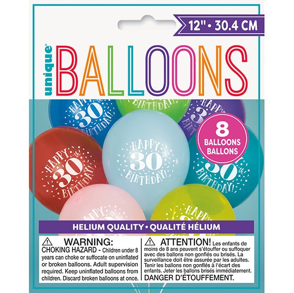 "Happy 30th Birthday" Assorted Colour Balloons 30cm (Pack of 8) - The Party Marketplace