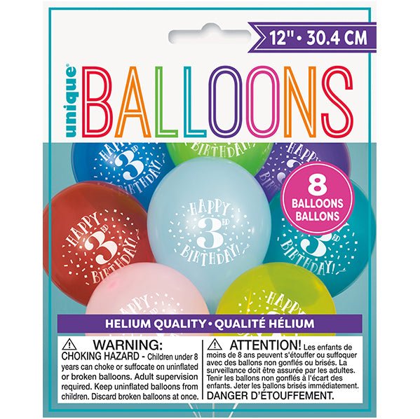 "Happy 3rd Birthday" Assorted Colour Balloons 30cm (Pack of 8) - The Party Marketplace
