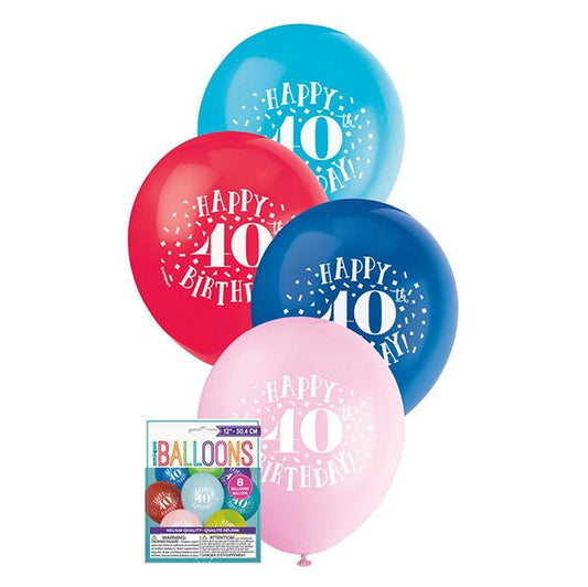 "Happy 40th Birthday" Assorted Colour Balloons 30cm (Pack of 8) - The Party Marketplace