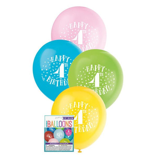 "Happy 4th Birthday" Assorted Colour Balloons 30cm (Pack of 8) - The Party Marketplace
