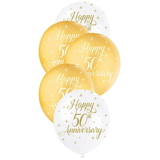 "Happy 50th Anniversary" Gold & White Pearl Balloons 30cm (Pack of 5) - The Party Marketplace