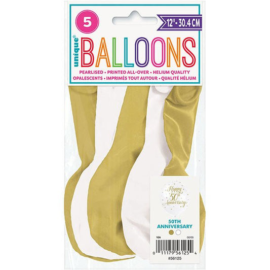 "Happy 50th Anniversary" Gold & White Pearl Balloons 30cm (Pack of 5) - The Party Marketplace