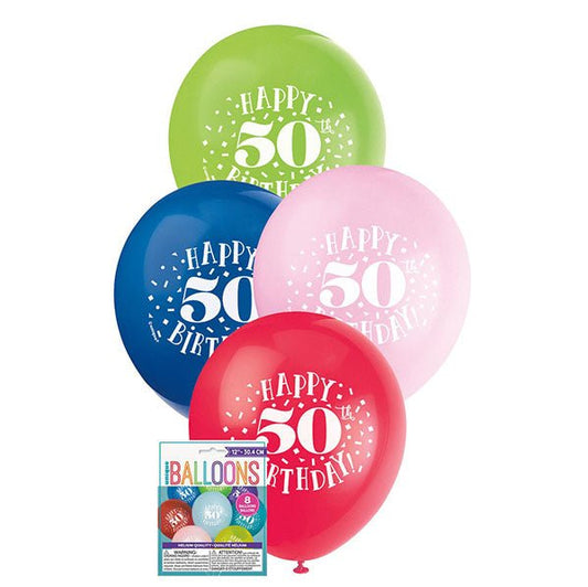 "Happy 50th Birthday" Assorted Colour Balloons 30cm (Pack of 8) - The Party Marketplace
